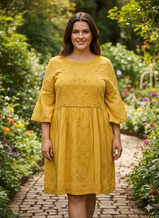 Anthropologie Dresses & Skirts - Anthropologie Womens Mini Dress Mustard Yellow Embroidered Boho Coquette Sz-XL